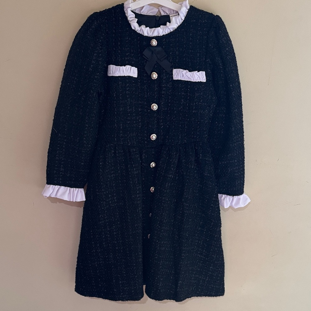 Girls Black and White Tweed Dress with Bow